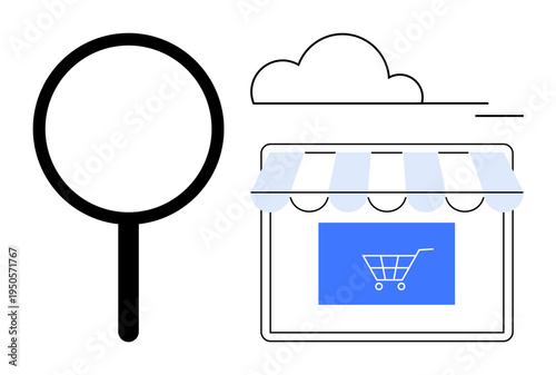 E-commerce, digital retail, online shopping, web service, cloud storage, internet browsing. A magnifying glass next to a storefront with a cloud. E-commerce and digital retail concept