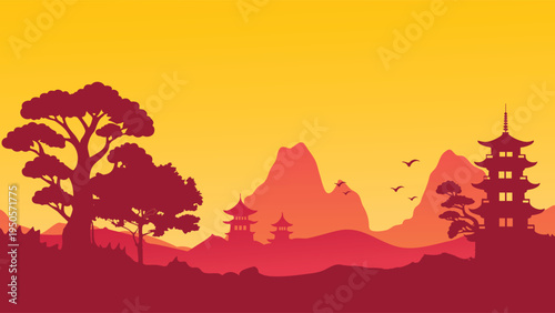 Asian Landscape Silhouette with Pagoda and Bonsai Tree Vector Illustrator