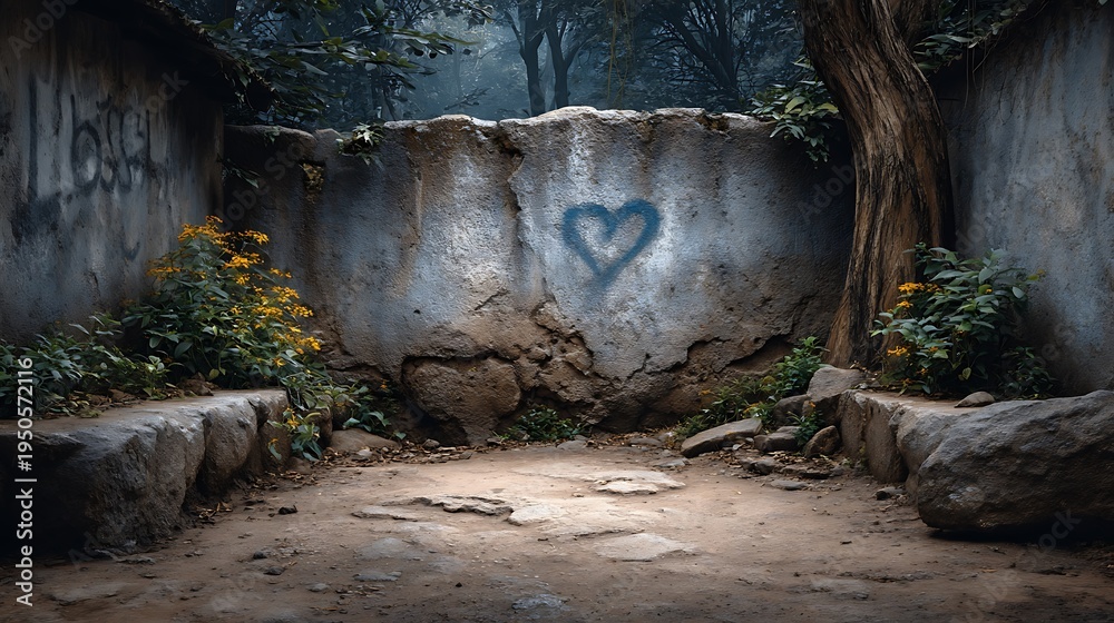 Fototapeta premium Abandoned alleyway with heart graffiti on cracked concrete wall surrounded by vibrant yellow flowers and lush greenery in a serene yet neglected urban landscape