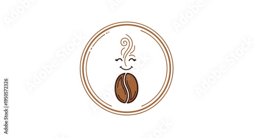 This charming, minimalist logo features a coffee bean stylized with a smiling face and aromatic swirls, all enclosed within a circular frame. The clean, brown line-art design evokes warmth, freshness.