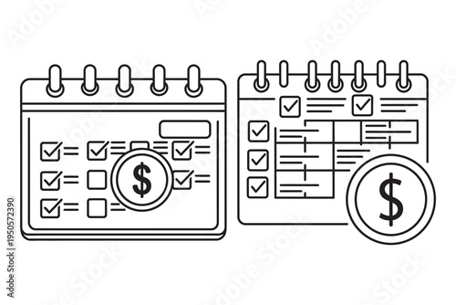 Two calendars with checklists and dollar sign icons