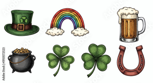 A vibrant collection of classic Irish symbols representing good luck and celebration, ideal for St. Patrick's Day themes and designs