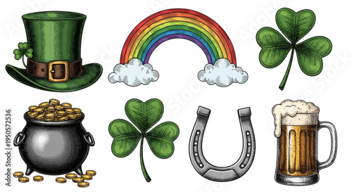 St. Patrick's Day symbols set lucky clovers, pot of gold, rainbow, green hat, horseshoe, and beer graphics