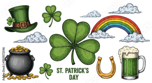 Saint Patrick's Day celebration elements, including a pot of gold, shamrock, horseshoe, rainbow, and a frothy green beer
