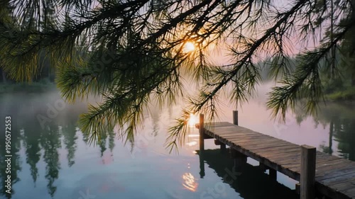 Tranquil lake scene with wooden dock at sunrise mist and reflections