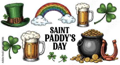 Saint Patrick's Day celebration elements shamrocks, pot of gold, beer, rainbow, and top hat