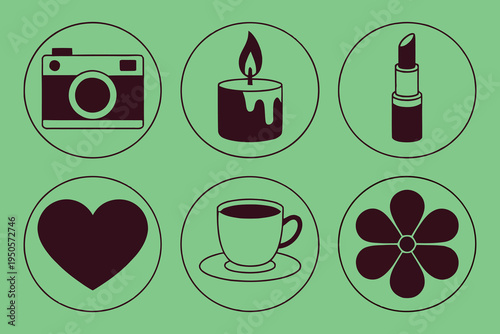 Six minimalist lifestyle icons including a camera, candle, lipstick, heart, coffee cup, and flower on a green background.