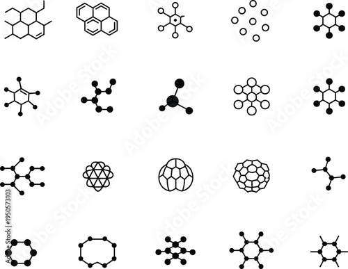 Molecular structure icons, chemistry symbols, atomic bonding, hexagonal rings, ball and stick models, fullerene illustration, scientific diagram, chemical compounds, education