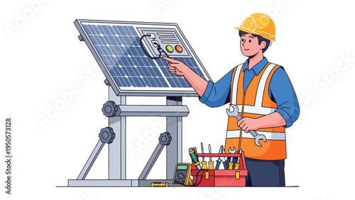 Solar Panel Technician: A skilled technician, equipped with tools and expertise, meticulously inspects a solar panel, showcasing a commitment to clean energy and sustainable practices.