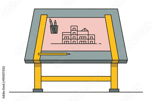 An illustration of a drafting table with an architectural drawing of a building, a pencil, and a cup of drawing tools.
