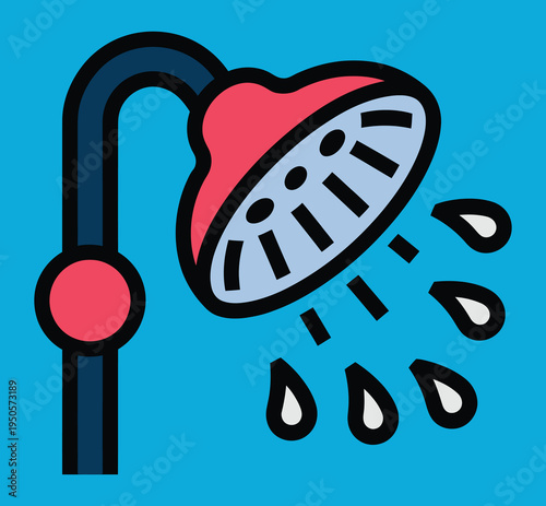 Cartoon illustration of a shower head with water droplets falling on a vibrant blue background, depicting personal hygiene.