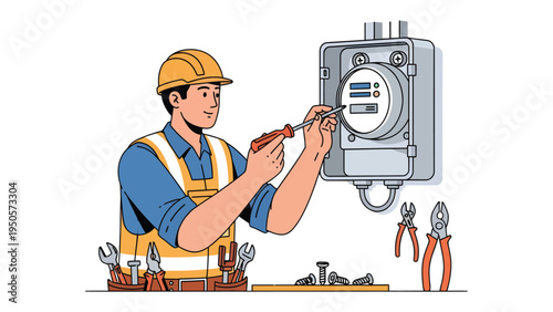 Electrician at Work: An electrician meticulously installs an electrical meter, demonstrating technical skill and commitment to safety in a power facility.