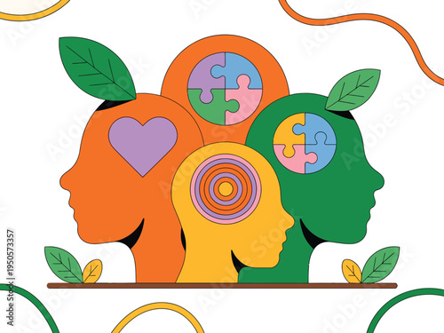 Mental health awareness illustration, creative heads design with symbolic elements representing psychological support emotional wellbeing and community care concept.