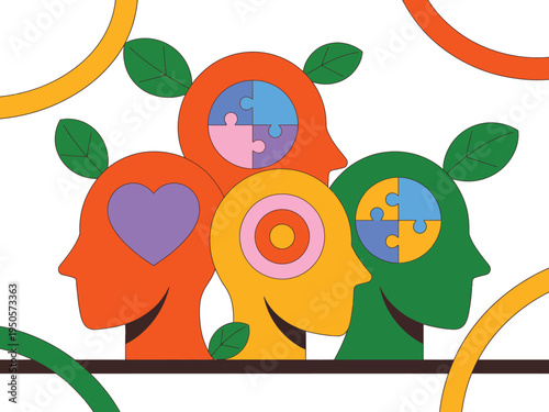 Mental health awareness illustration: conceptual head silhouettes with supportive symbols that express emotional well-being, psychological care, and the awareness campaign's message.