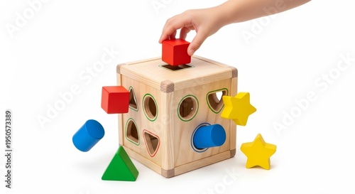 Child placing colorful wooden block into educational shape sorter toy on white background