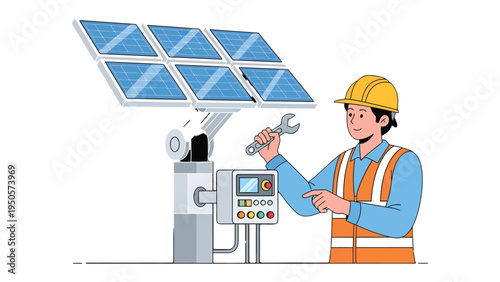 Solar Panel Technician at Work: An individual, clad in a safety vest and helmet, meticulously works on a solar panel with a wrench, representing expertise and sustainable energy.