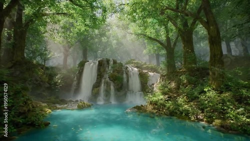Tranquil waterfall flows through lush green forest landscape
