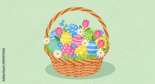 Colorful easter eggs and flowers in a wicker basket on transparent background
