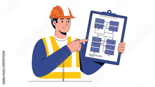 Engineer’s Blueprint: A skilled engineer, clad in a safety vest and helmet, reviews a blueprint detailing a construction project or design.