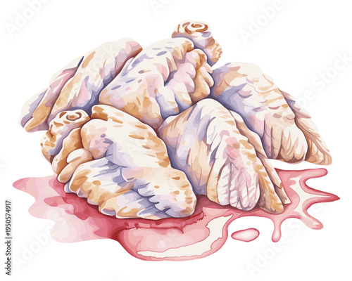 Watercolor illustration of raw chicken wings with meat juices isolated on transparent background