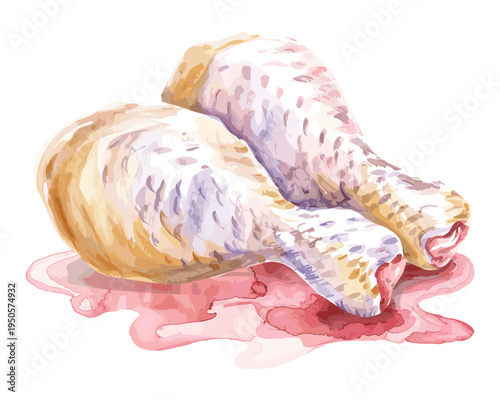 Watercolor illustration of raw chicken drumsticks with meat juices isolated on transparent background