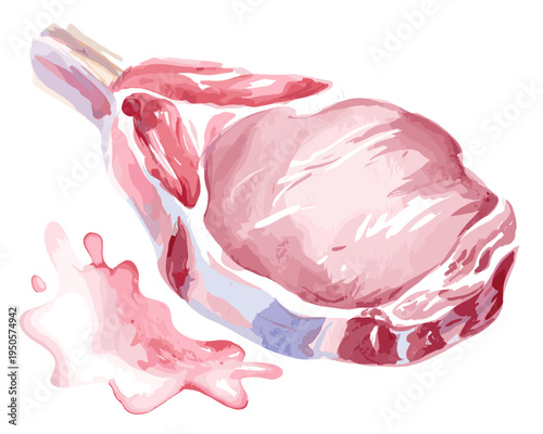 Watercolor illustration of raw pork chop with bone and meat juices isolated on transparent background