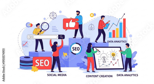 People working on seo social media content creation and data analytics on transparent background