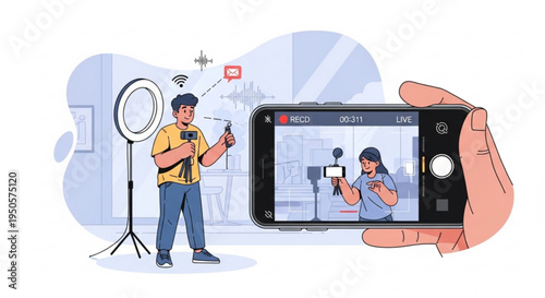 Man recording video on smartphone with ring light on transparent background