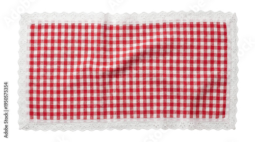 Fotografía Wrinkled red gingham checkered fabric napkin with white eyelet lace border on a
