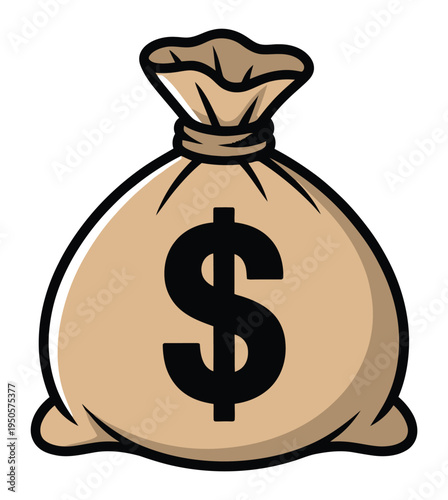 A cartoon illustration of a brown money bag with a prominent black dollar sign, symbolizing wealth and finance.
