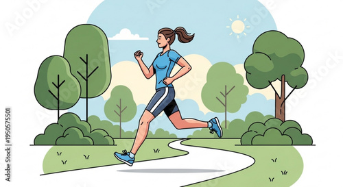 Woman jogging on a winding path through a park on a sunny day on transparent background