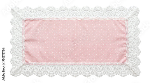 Pink polka dot fabric placemat with wide elegant white lace border on a transparent background