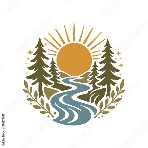 Sun, river, and trees logo