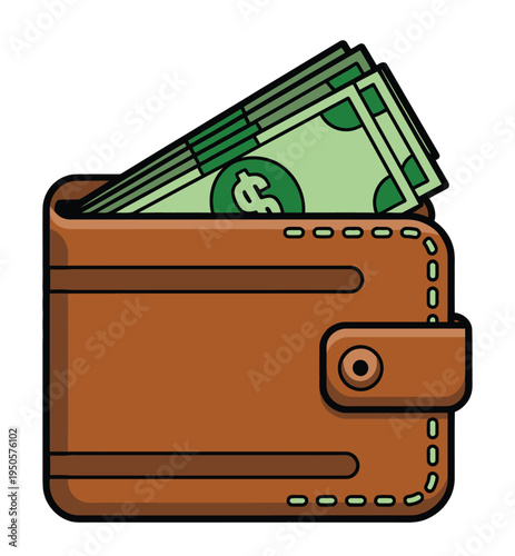 An illustration of a brown leather wallet filled with green dollar bills, symbolizing money and financial resources.