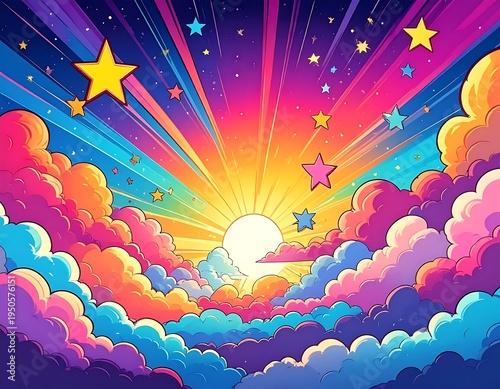 A vibrant, cartoonish illustration showing a colorful sky with radiating light bursts, puffy clouds, and floating stars