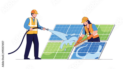 Cleaning Solar Panels: Two workers tend to photovoltaic installations using a hose and a brush, ensuring the efficient collection of solar energy.