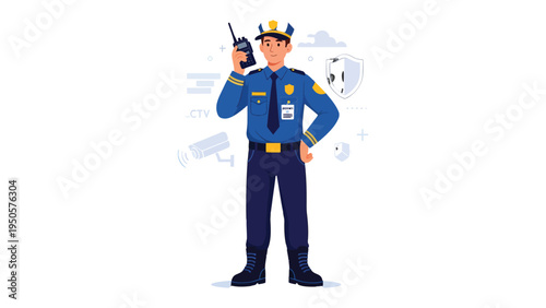 Safety and security Illustration: A vigilant security guard stands tall, communicating via a walkie-talkie. It conveys safety and protection with vigilance.