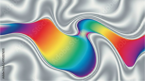 Vibrant rainbow colored waves on a shiny silver background