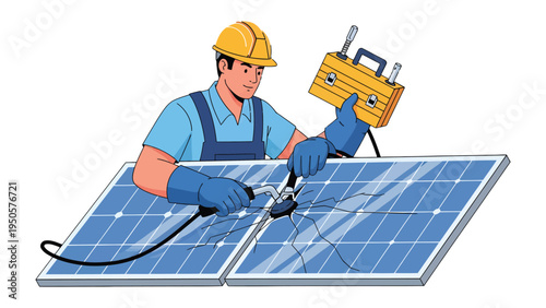 Solar Panel Technician in Action: A skilled technician, equipped with necessary tools, works meticulously on solar panels, symbolizing the advancements in clean energy and sustainable practices.