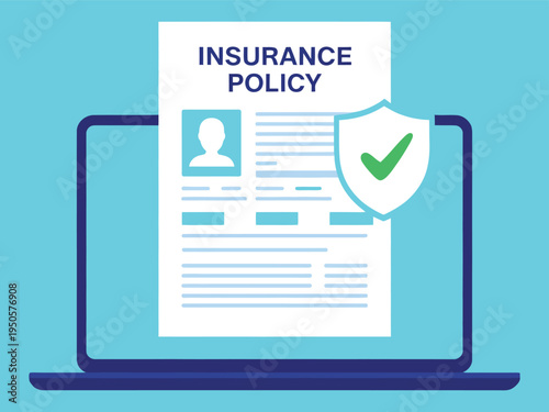 Digital insurance policy document displayed on a laptop screen with a security shield icon.