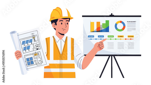 Engineer at Work: A skilled engineer, wearing a hard hat and safety vest, presents a detailed blueprint alongside an informative data chart. This scene is one of planning and presenting concepts.