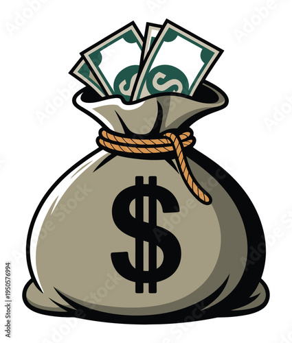 A cartoon illustration of a grey money bag with a dollar sign, tied with a rope, overflowing with green dollar bills.