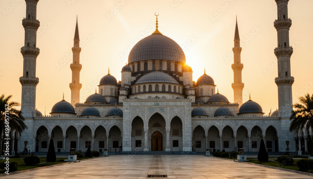Fototapeta premium A grand mosque architecture features tall minarets and a large dome. The mosque is illuminated by soft sunlight, showcasing intricate designs and surrounding palm trees.