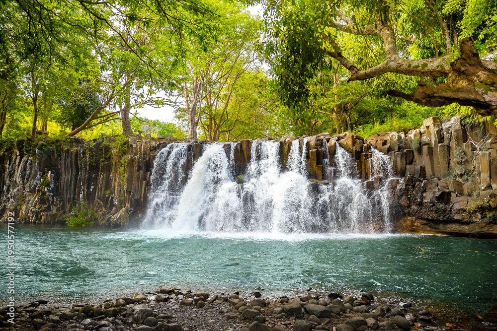 Fototapeta premium Rochester Falls on the island of Mauritius, famous for its unique rectangular basalt rock formations and scenic natural landscape