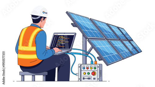 Solar Engineer with Panel: A dedicated solar engineer is shown diligently working with a laptop, monitoring and assessing a set of solar panels.