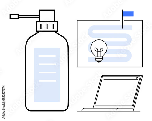 Workflow concept. Workflow through a bottle hygiene, a flag with lightbulb for innovation, and a laptop for digital connectivity. Workflow for efficiency, innovation in business, productivity