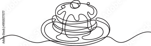 one continuous drawn line of pancakes on plates syrup-drawn hand-drawn picture silhouette. Line art. carnival, pancakes. one line Icon drawing