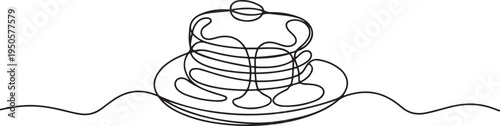 one continuous drawn line of pancakes on plates syrup-drawn hand-drawn picture silhouette. Line art. carnival, pancakes. one line Icon drawing