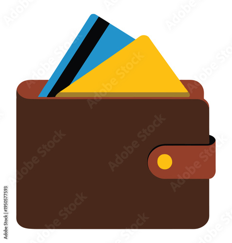 A brown leather wallet with a snap closure, holding two credit cards, one blue and one yellow, symbolizing financial transactions and personal banking.