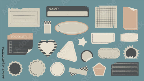 Grunge notebook cutout stickers set for scrapbook design. Paper speech bubbles and notepad sheets with torn edges, to do lists, empty memo pages, different shapes of sticky frames. Vector illustration
